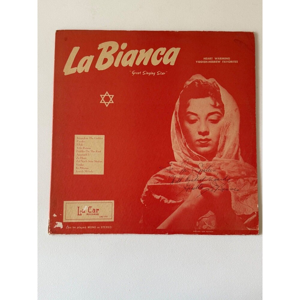 La Bianca Great Singing Star LP LAC-777 La Car Yiddish Hebrew Autographed VG+